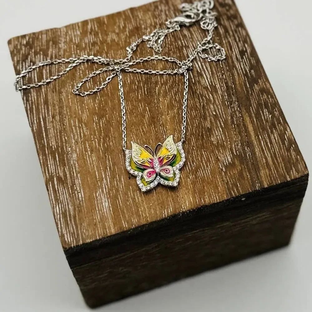 Butterfly CZ Enamel Sterling Silver Necklace